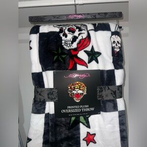 Ed Hardy Black and White Skull Plush Throw